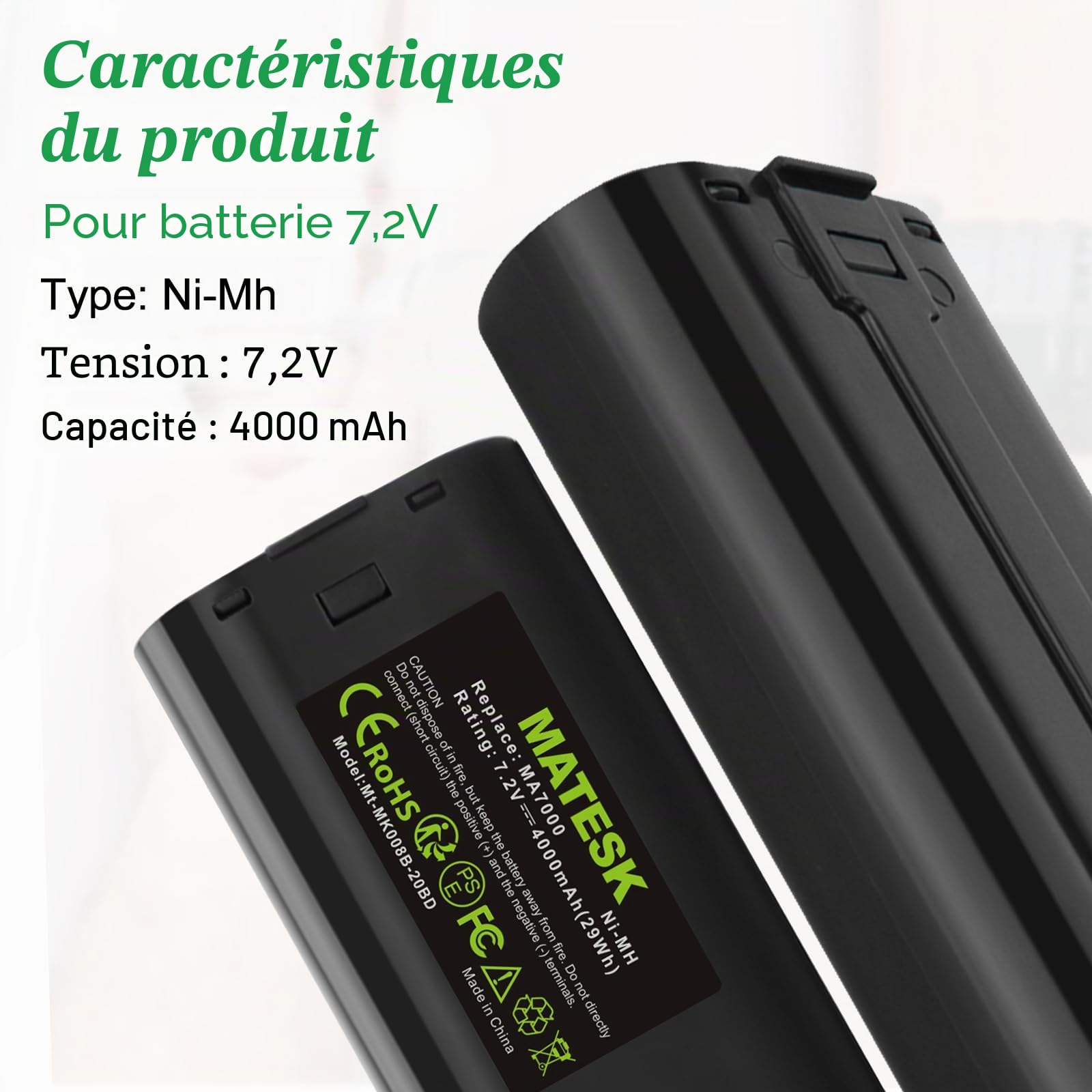 7.2V 4000mAh NI-MH Batterie pour Makita 7000 7033 7002 6012D 6018D 6019D 6019DW 6912D DA301D 3700D 4071D 6018D 6075D 6172D DA301DW DA302DWB 6172DW (2 pièces)