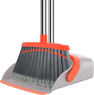 Broom and Dustpan Set, Dust Pan and Broom with Long Handle, Broom with Dustpan Combo Set, Upright Standing Dust Pan with Comb Teeth Broom and Dustpan Set for Home Kitchen Lobby