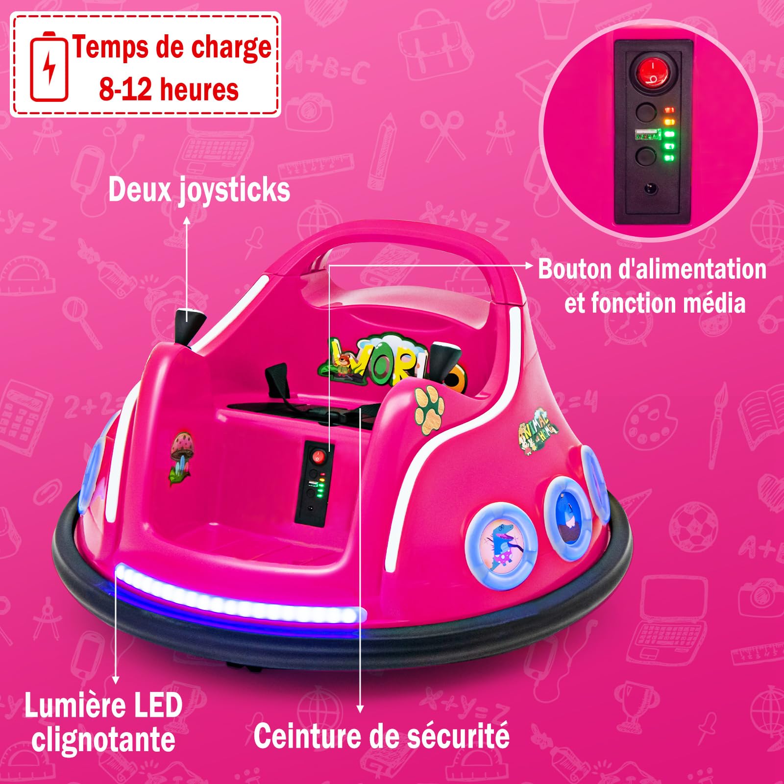 GOPLUS Voiture Électrique Enfants 1 Place 12V avec Lumière, Musique, Rotation à 360º avec Télécommande Parental, Auto-Tamponneuse Electrique pour Enfants 3-8 Ans, 73X73X43CM(Bleu) (Rose)