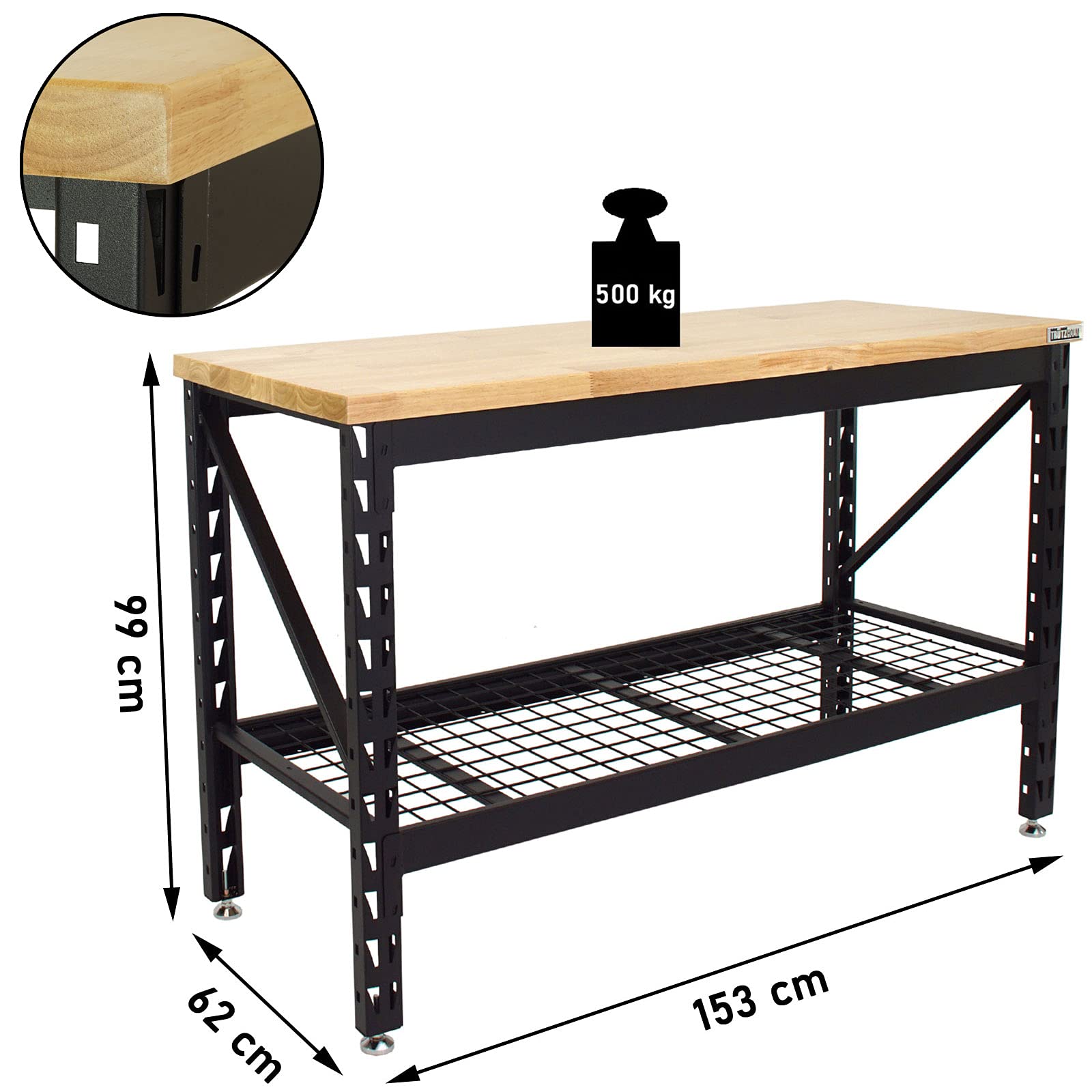 TRUTZHOLM Professionelle Werkbank bis 500 kg belastbar Werktisch Arbeitstisch Massive Arbeitsplatte Stecksystem Werkbank 153x62x99 cm höhenverstellbar | Montagewerkbank Werkstatttisch Werkstatt