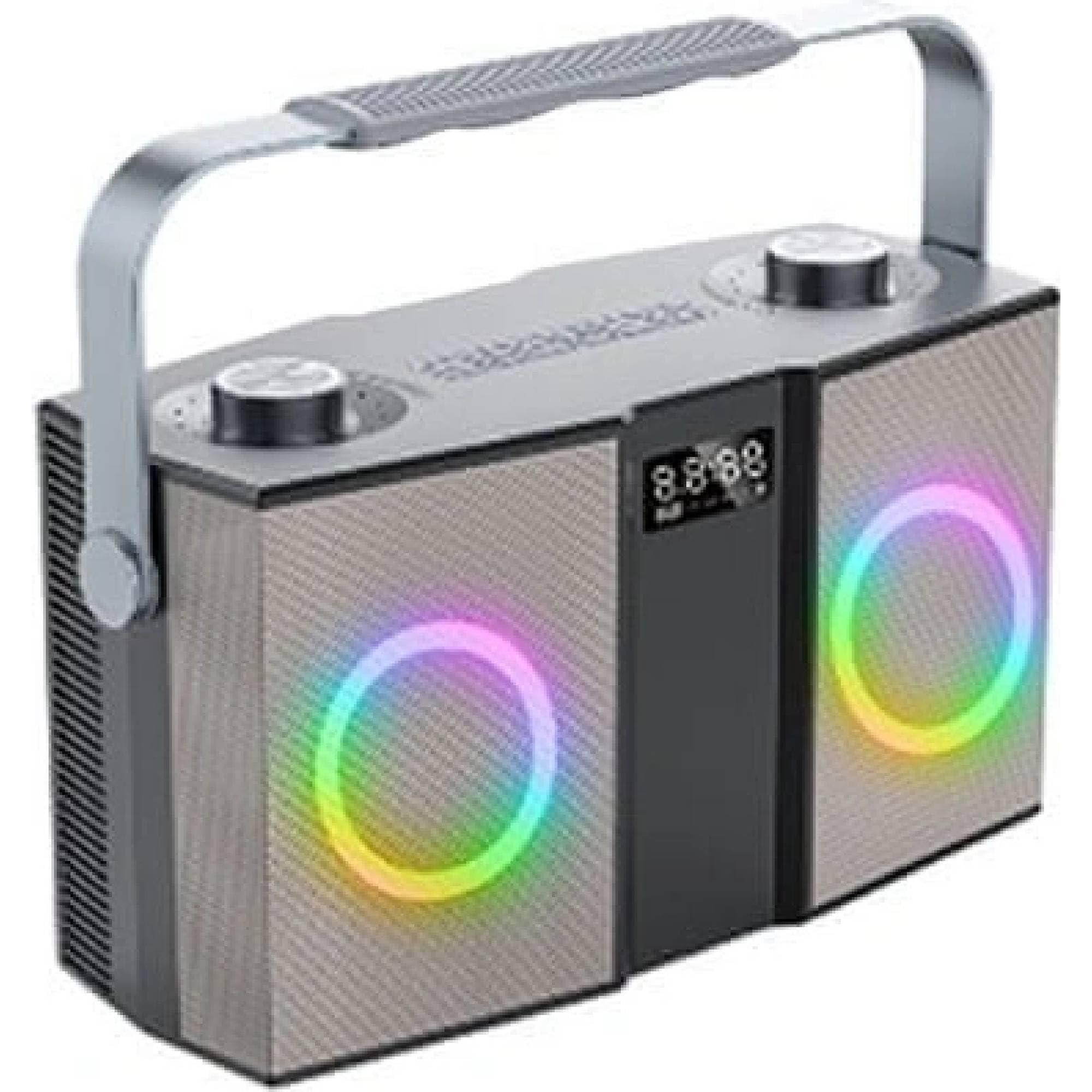 Roadstar Tragbarer Bluetooth-Lautsprecher DJ-390BT mit Mikrofon-Eingang, RGB-LED-Lichter an den Lautsprechern, Digitalanzeige, Tragegriff, Grau