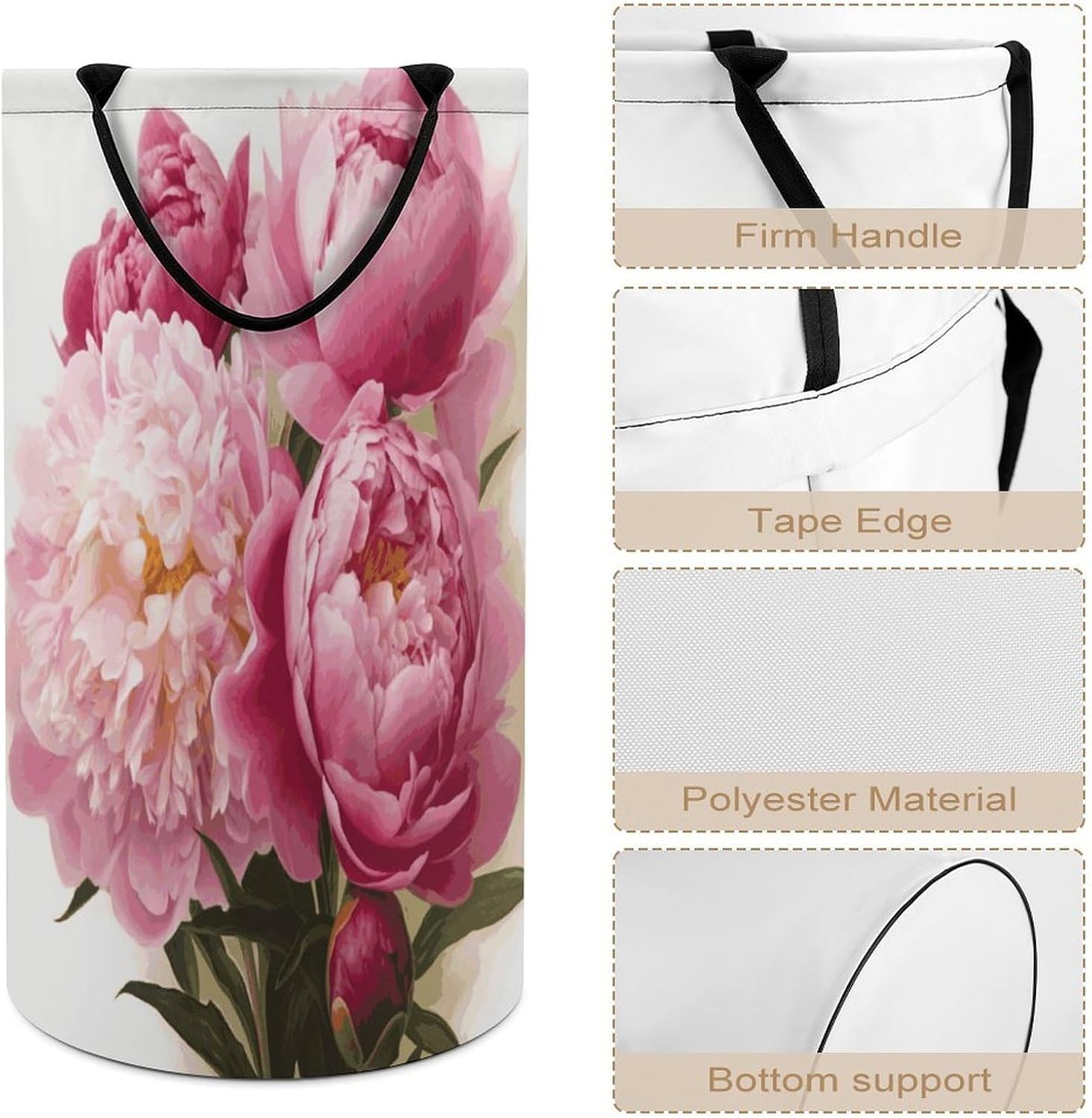 Peony Flowers Blossom Large Capacity Laundry Baskets,Collapsible Clothes Hamper with Handles，Laundry Hampers for Bathroom,Bedroom,Towels
