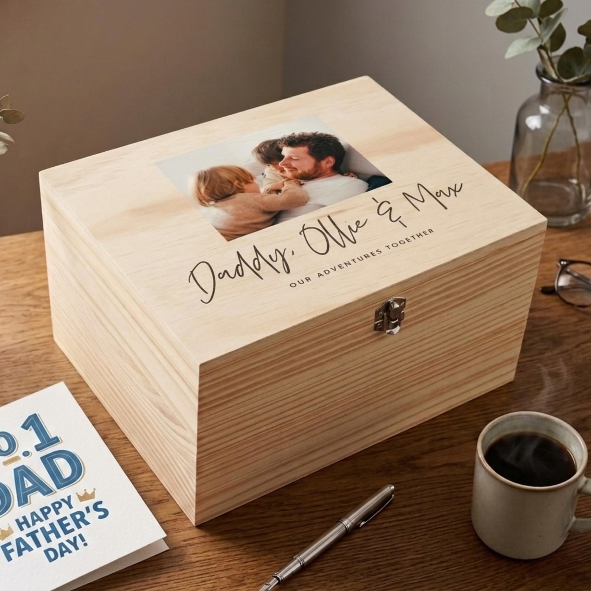 Scatola dei ricordi personalizzata in legno di pino con scritta "Our Adventures Together", regalo per la festa del papà, scatola dei ricordi personalizzata in legno, con cerniere e chiusura in