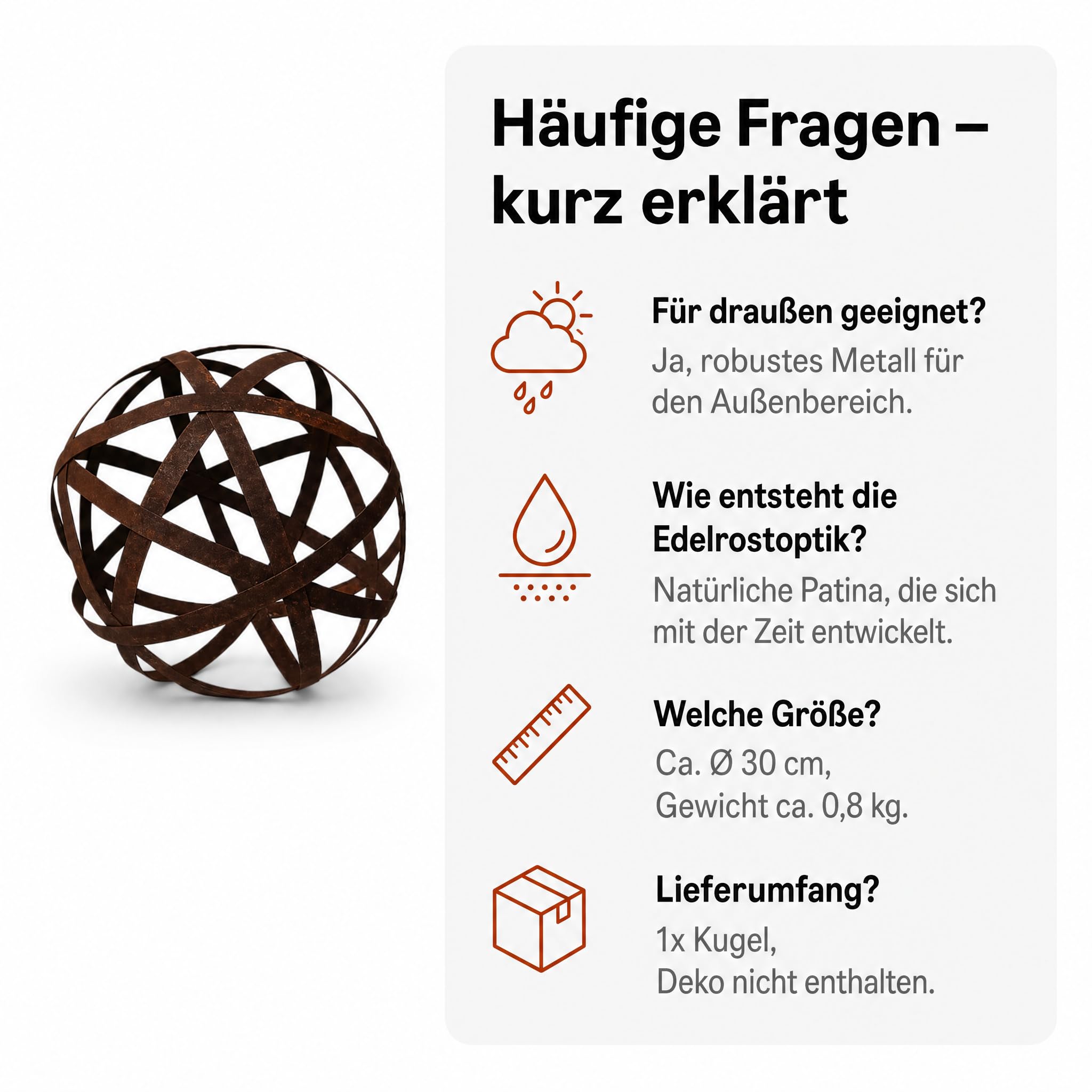 Gartendeko für draußen wetterfest – Rostdeko Kugel aus Metall in Edelrostoptik, offenes Streifen-Design, Ø 30 cm, Gartenkugel für Garten, Terrasse & Balkon