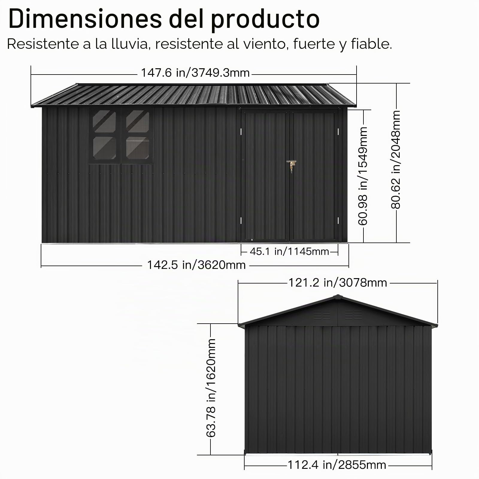 Cobertizo de metal para jardín, 362 x 285,5 cm, resistente a la intemperie, con ventana, puerta con cerradura y techo a dos aguas, 10,34 m², para jardín, terraza y patio trasero, color marrón y negro
