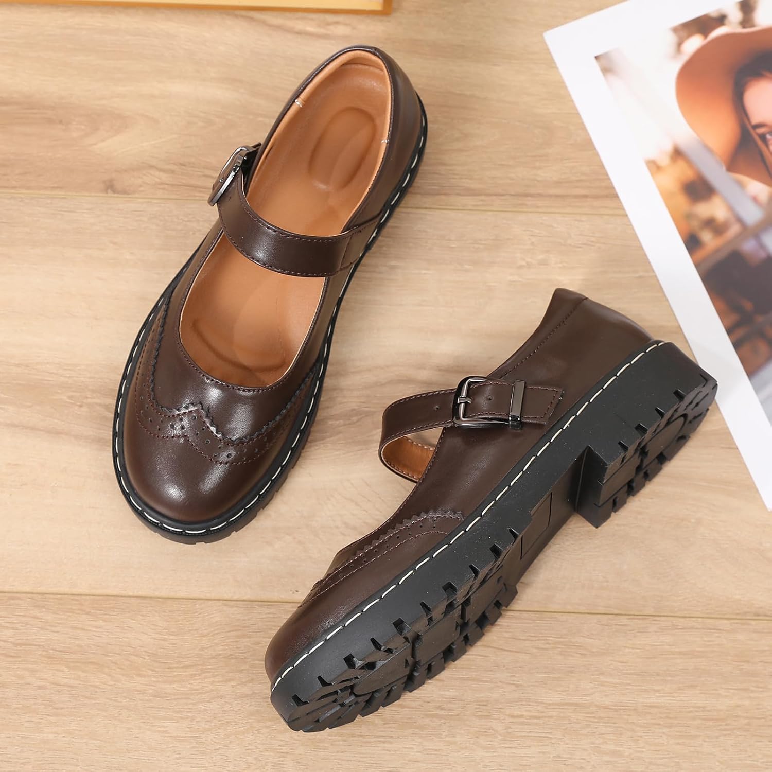 Mary Janes Shoes Women Platform Non-Slip Classics Round Toe Ankle Strap Brogues Style Comfort Casual Oxford Dress Work Mary Jane Shoes