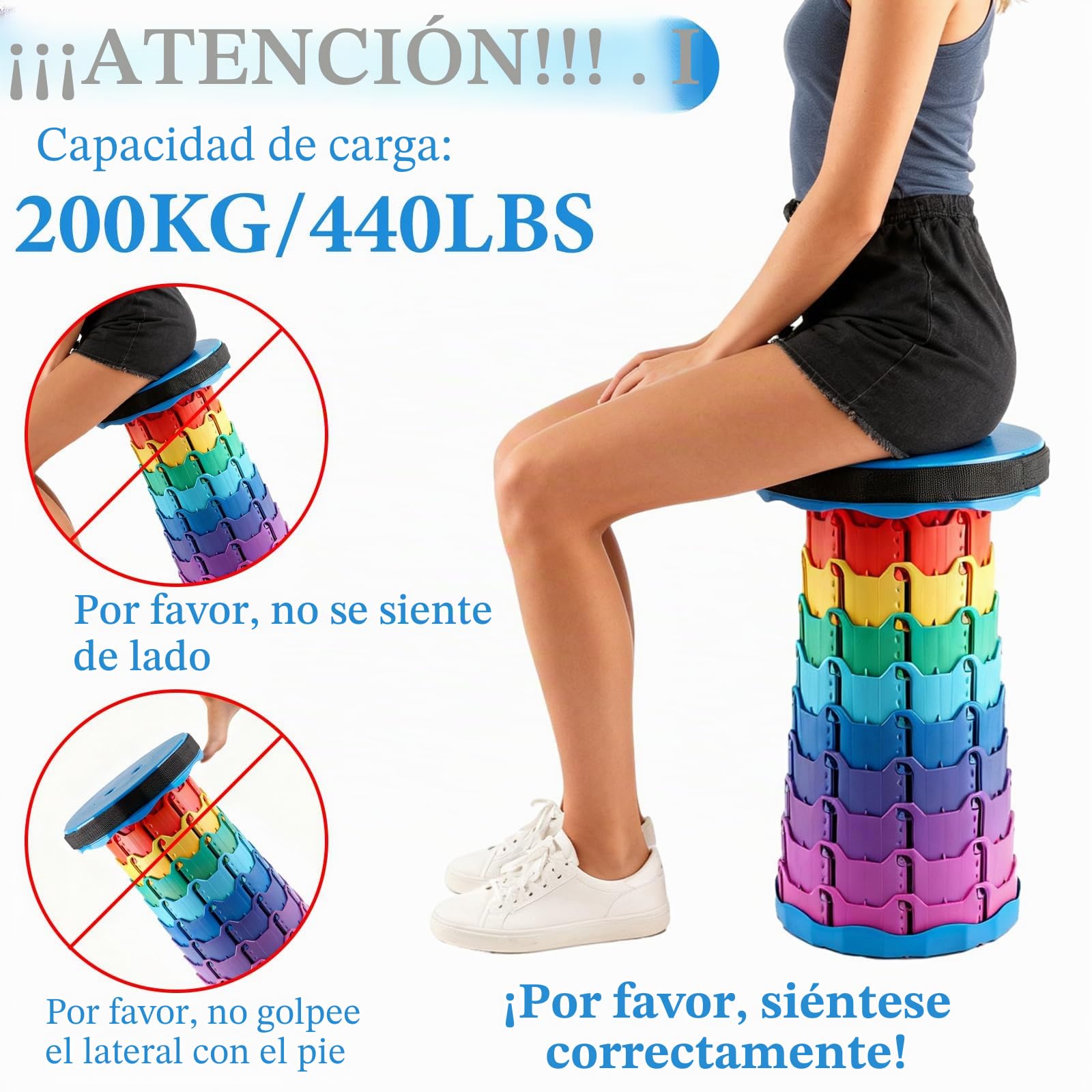 2 Piezas Taburete Plegable Redondo, Taburete telescópico Plegable Ajustable de 6 a 45 cm con Correa, Carga hasta 200 kg para Camping, Pesca y Viajes Multicolor