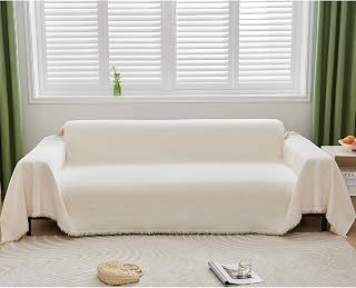 SPOUR Chenille Throws for Sofa, 360° Full Cover Sofa Throws Yarn-Dyed Jacquard Sofa Cover 3 Seaters Sofa Protector Living Room Decoration Sofa Throw Blanket (180X340cm, Beige)