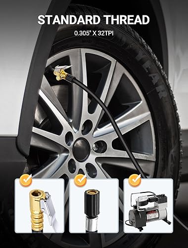 Miniatura 6 de Paquete de 2 mandriles de aire de neumáticos con bloqueo, adaptador de manguera de inflador de neumáticos de latón con adaptador de clip y botón de