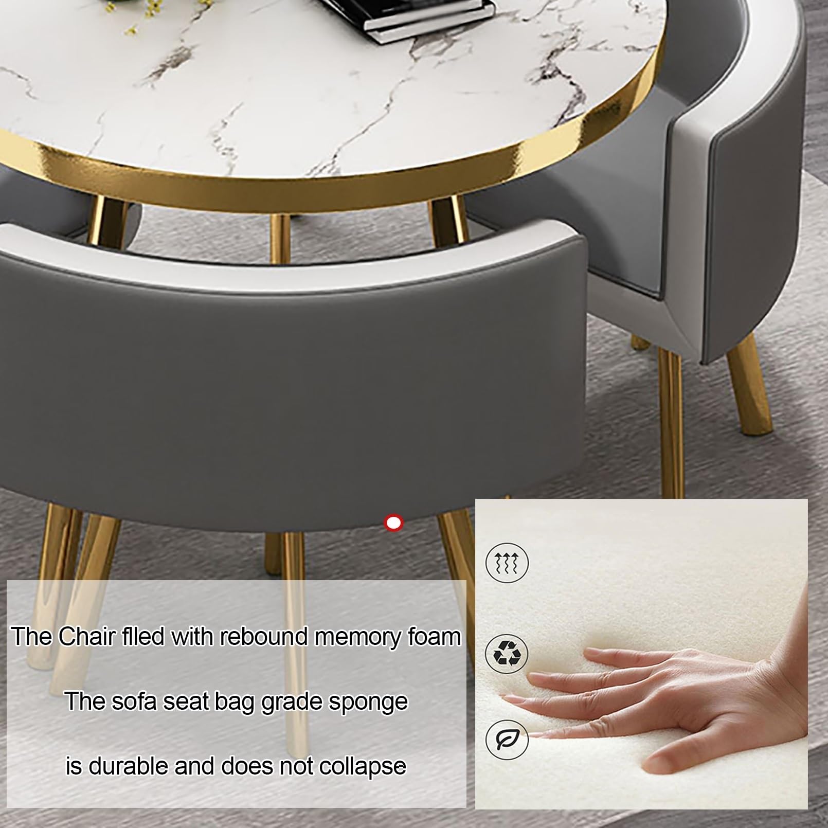 Ensemble Table à Manger Ronde 4 Chaises, Marbre Doré | Table à manger ronde avec plateau marbre, pieds dorés et 4 chaises rembourrées pour petits espaces.(Dark Grey)