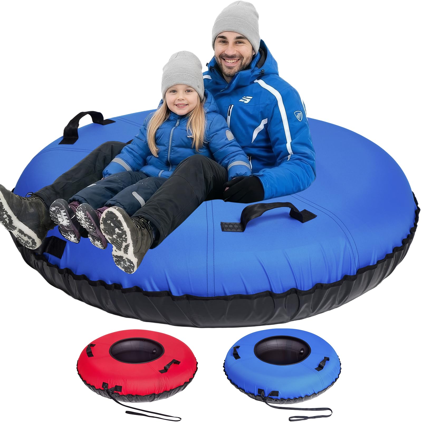 snow tube, 45''/48'' rubber snow tubes with commercial grade canvas cover for kids & adults, inflatable heavy duty snow sled thickened hard bottom with tow strap, sleds winter gifts