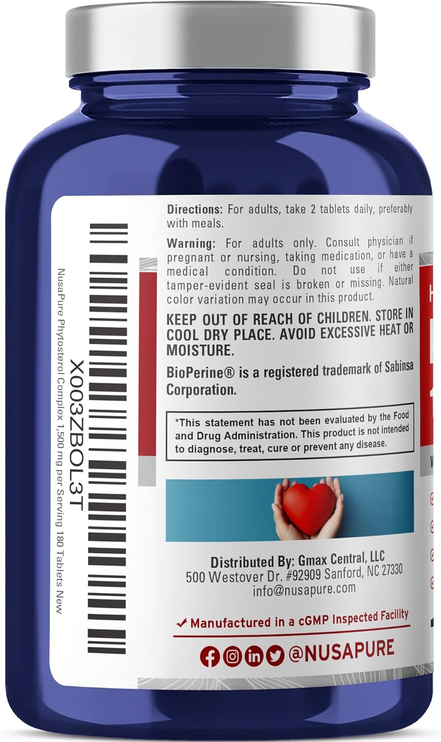 NusaPure Plant Sterols 1500 mg - 180 Tablets (Non-GMO, Vegan) Beta Sitosterol, Bioperine - Image 3
