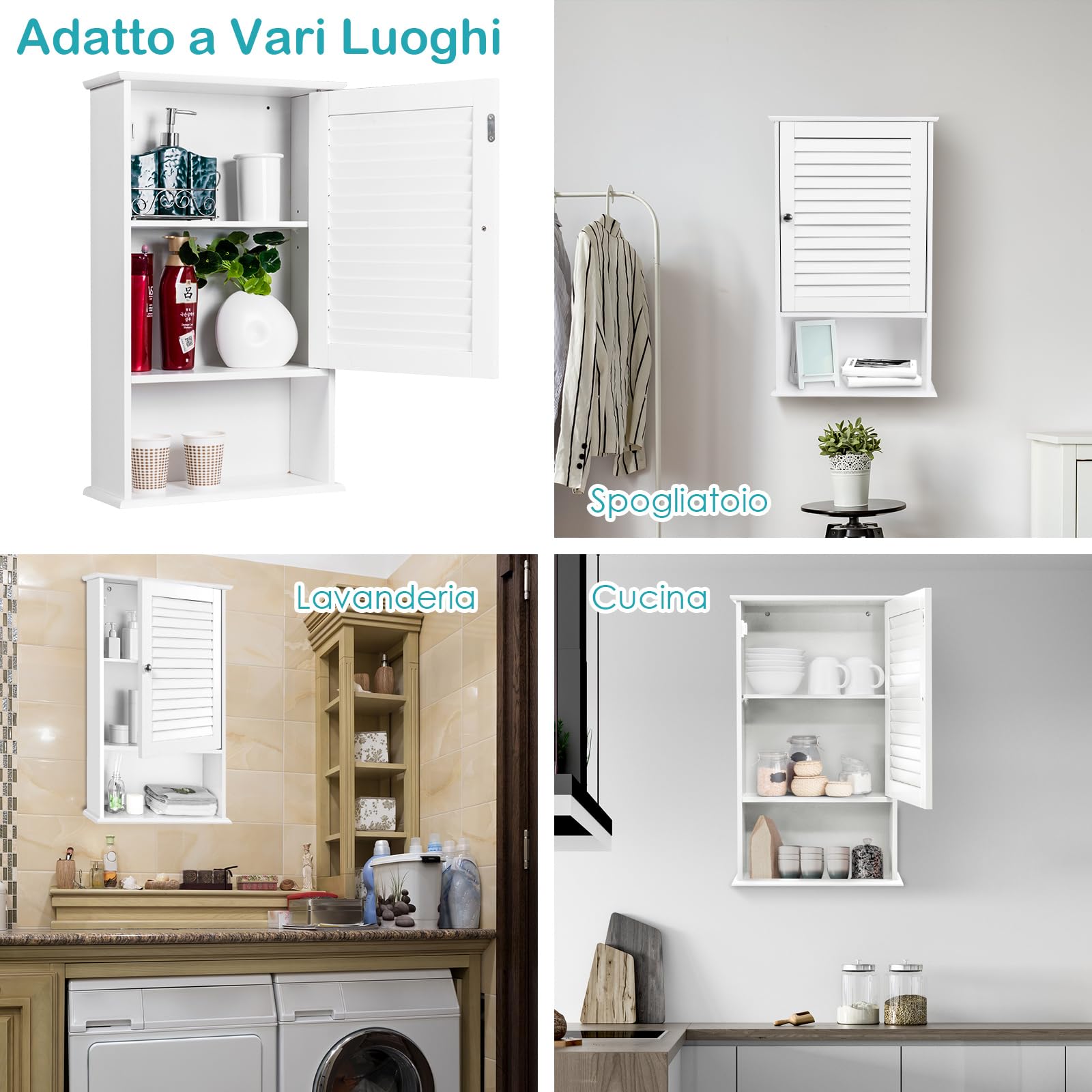 COSTWAY Armadio del Bagno Montato a Muro, Mensola Interna Regolabile, Struttura in MDF di Qualità, Pratico e Salva Spazio, Design Unico (Bianco)