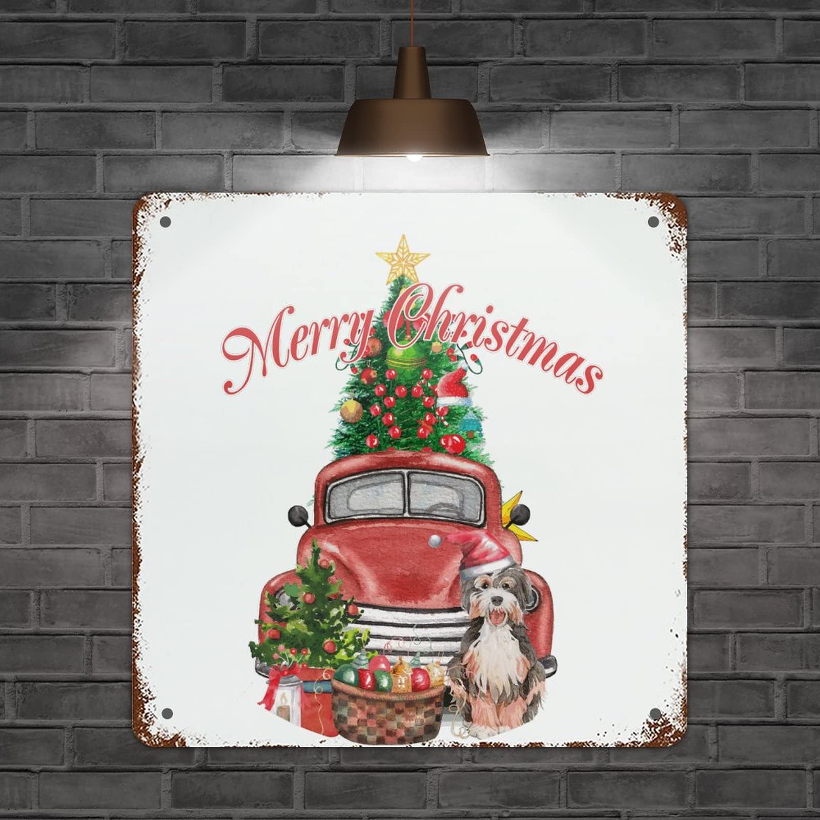 Décoration Murale de Noël avec Chien Panneau Vintage Camion Rouge pour Salon