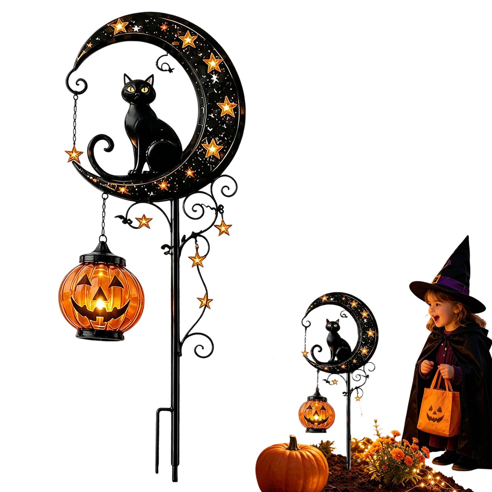 Solar Halloween Black Cat & Pumpkin Moon Garden Stake Light, Outdoor Waterproof Halloween Decoration LED Pathway Lamp with Crescent Moon, Hanging Pumpkin Lantern for Patio Yard Lawn Decor (B-1PC) — image 1