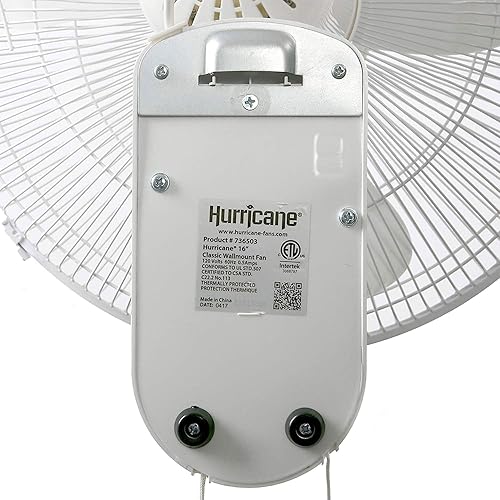 Miniatura 7 de Hurricane Classic Oscillating Wall Mount Fan w/ 3 Quite Speeds, White, 16" - Corded Electric Air Cooling Unit w/ Easy Pull Cord Controls for Home