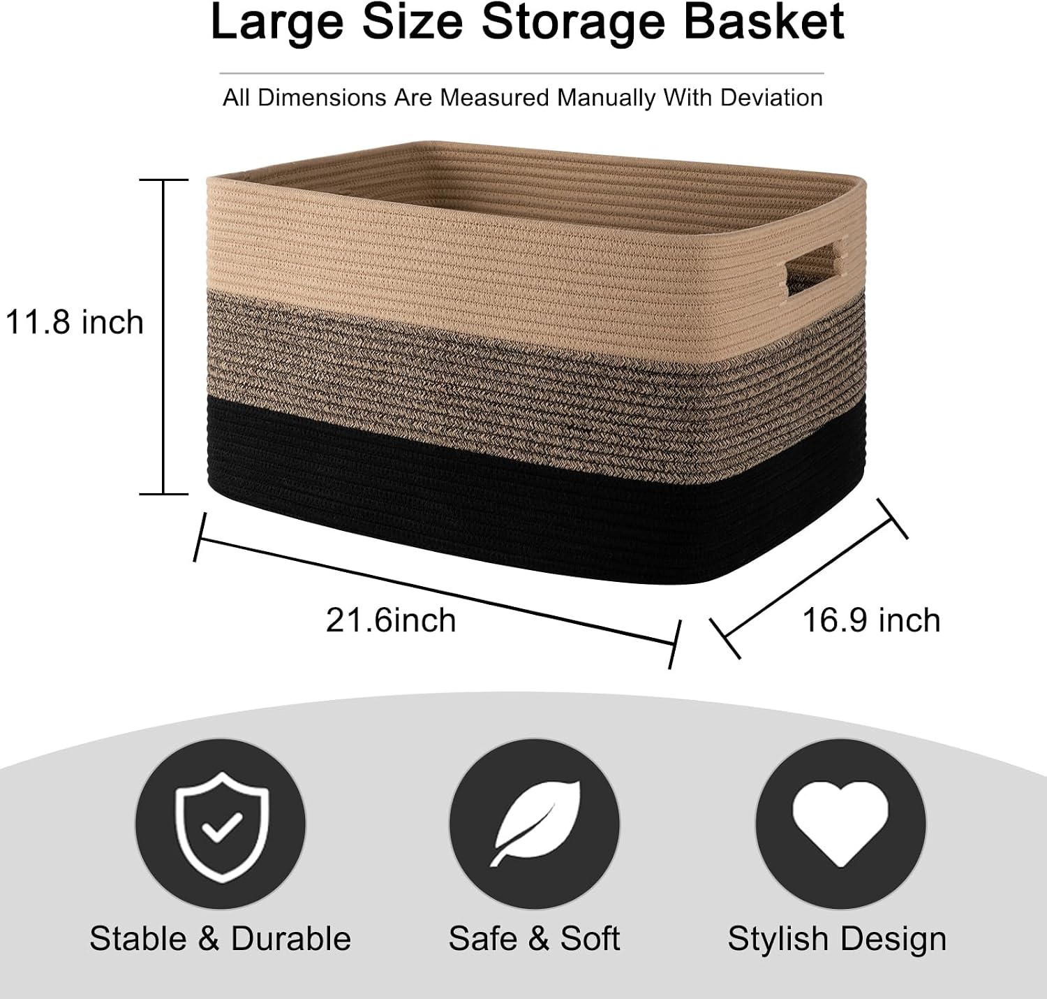 OIAHOMY Woven Storage Baskets - Pack of 3 Cotton Rope Baskets (Large Rectangle, Black Brown)