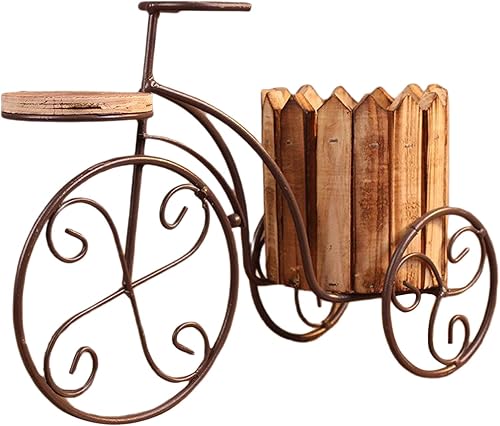 Soporte de flores para bicicleta, maceta de hierro forjado, adorno de escritorio para balcón, jardín, decoración de estudio (color madera)