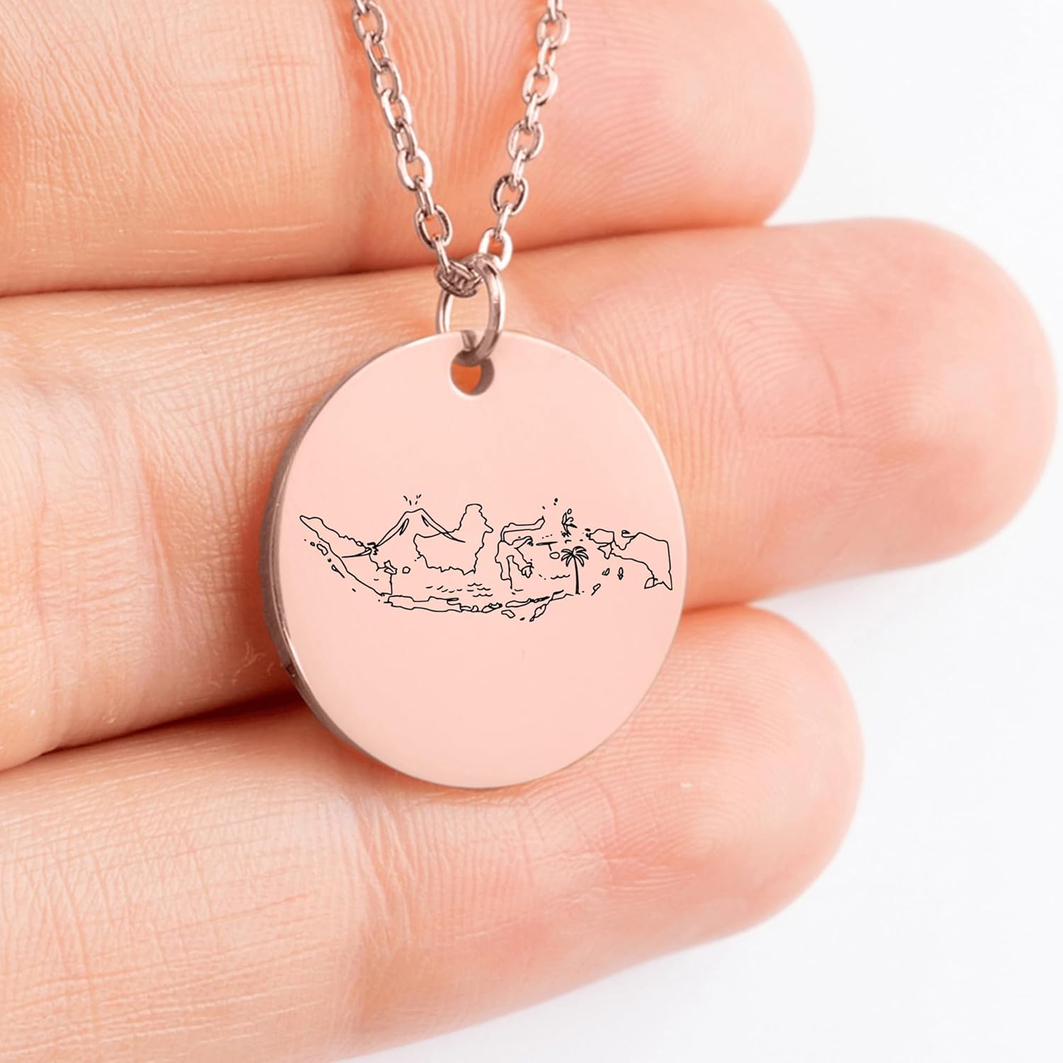 Custom Personalized Indonesian Necklace with Engraved Indonesia Map Outline Islands Volcano Design - Pendant Charm Jewelry Gift for Women