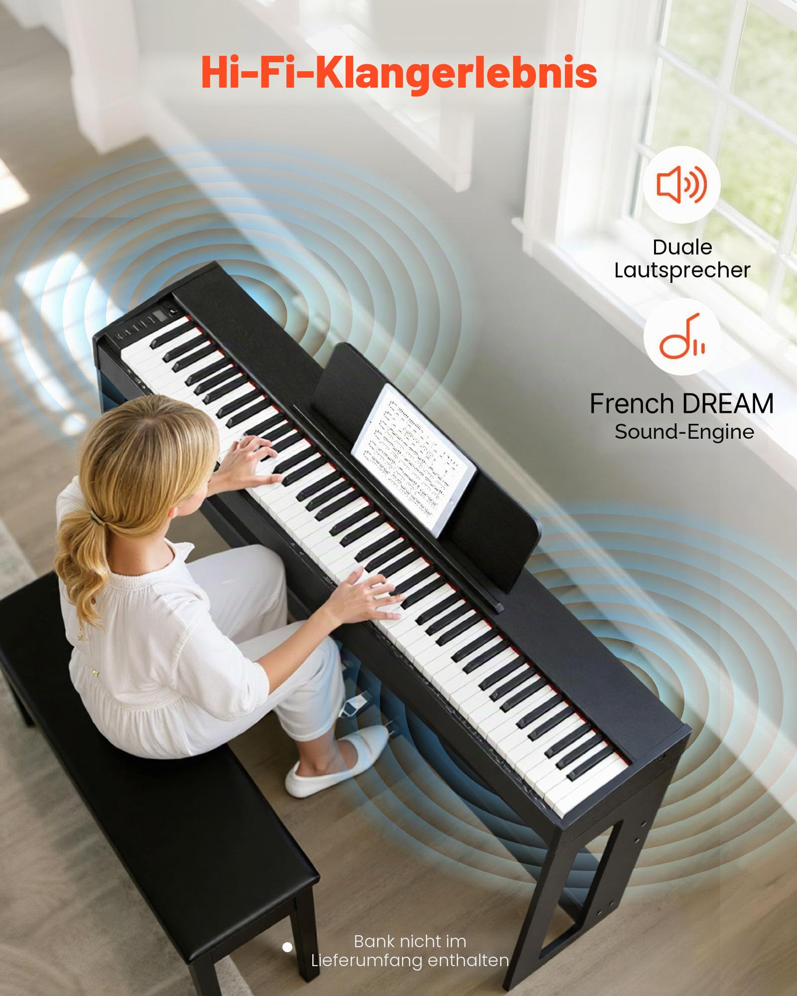 VEVOR Digitalpiano, 88 Tasten vollgewichtet anschlagdynamisch, E-Piano mit Möbelständer, Netzadapter, Dreifachpedal, Aufnahmefunktion, 280 Töne, Kabellose Verbindung, für Anfänger, Schwarz
