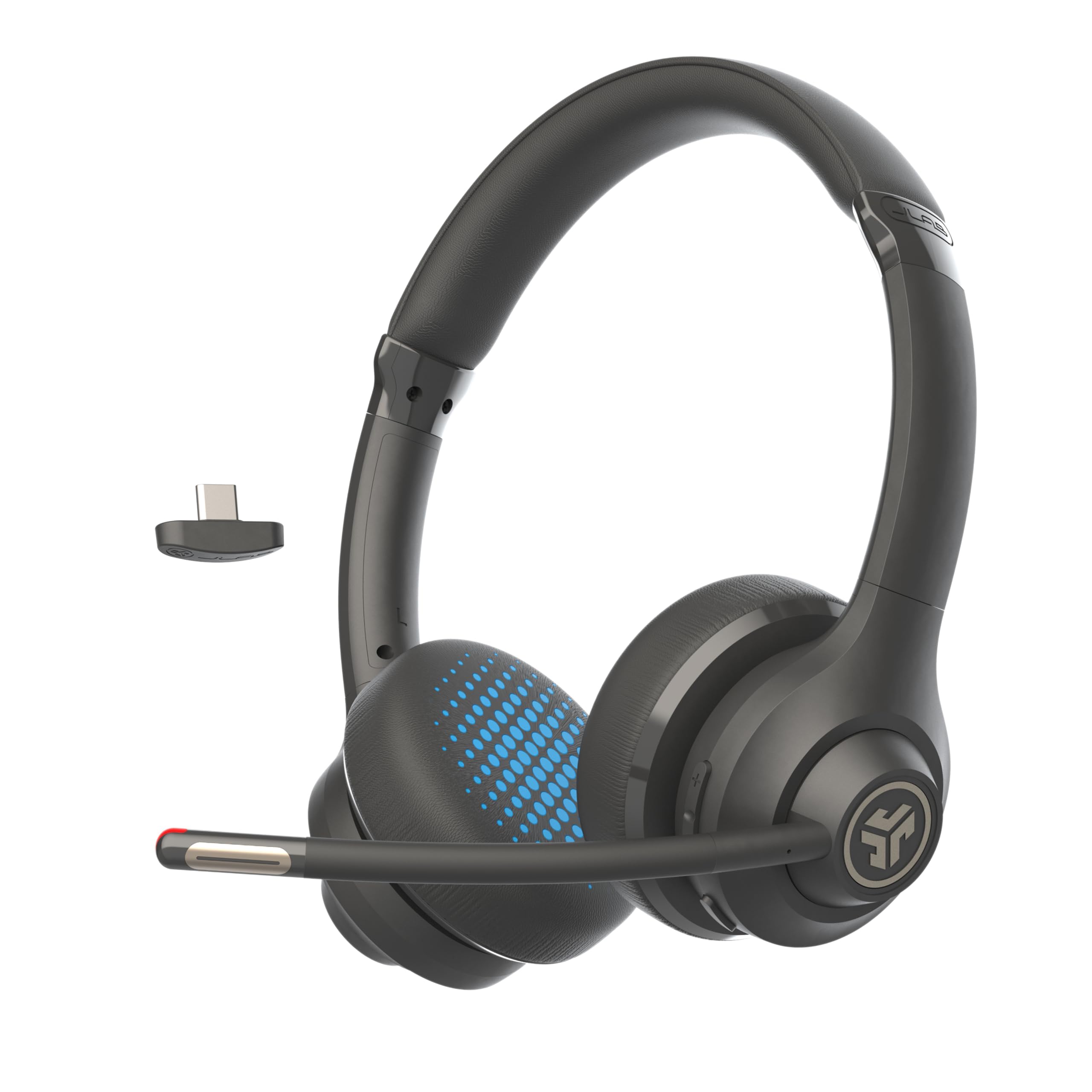 JLab Go Work Gen 2 Wireless Headsets with Microphone - 55+ Playtime PC Bluetooth Headset and Multipoint Connect to Laptop Computer and Mobile - Wired or Wireless (Bluetooth or USB Dongle) Headphones