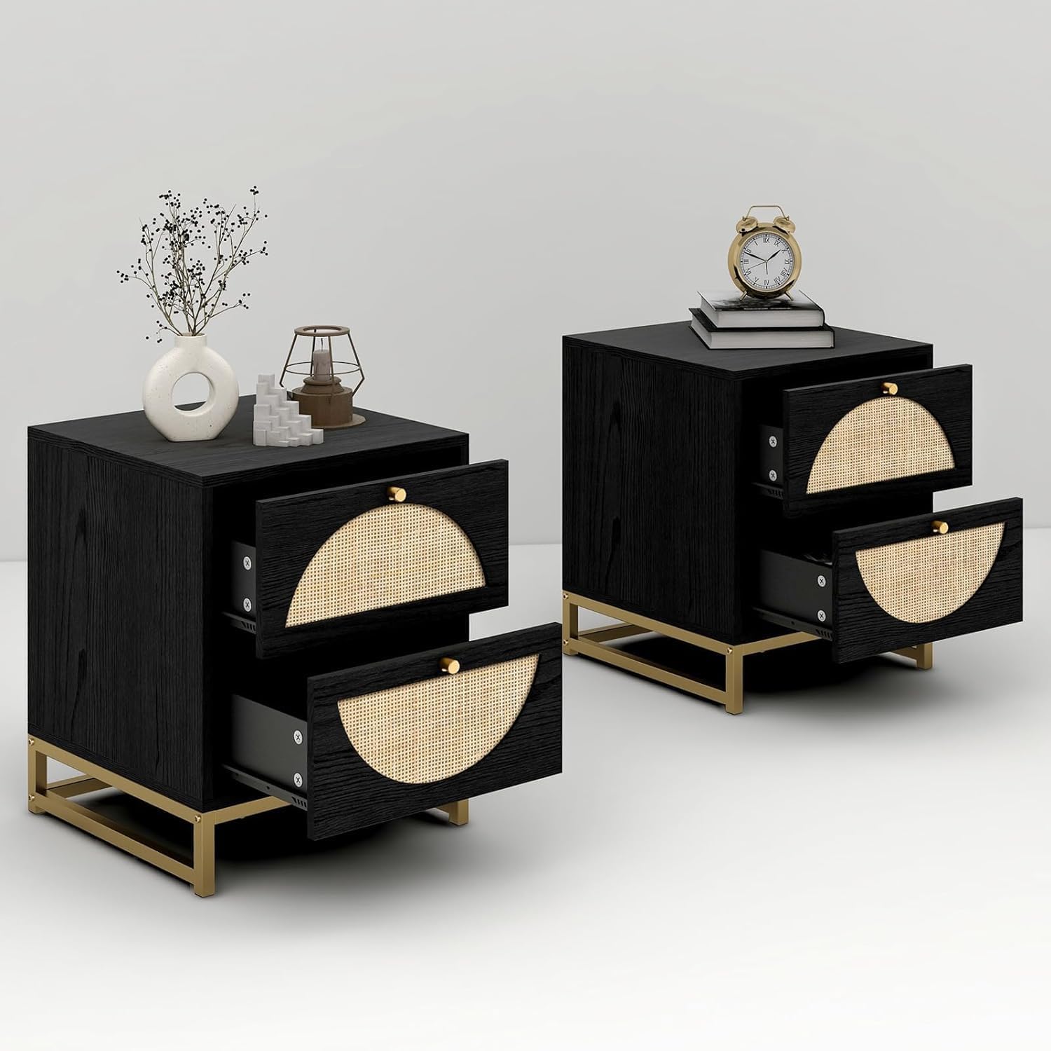 vistavie Boho Black Nightstand with 2 Drawers, 15.7" Rattan End Table, Mid-Century Modern Wood Bedside Storage Cabinet with Gold Pulls & Metal Legs for Bedroom Living Room (Set of 1)