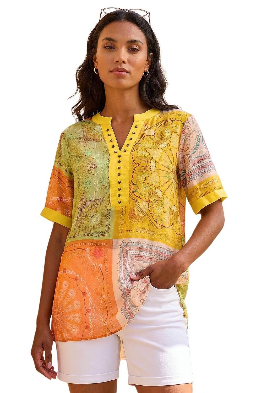 Roman Originals Women's Yellow Patchwork Print Top For Uk - Everyday Holiday Spring Summer V-Neckline Comfy Soft Evening Vacation Work Party - Size 16