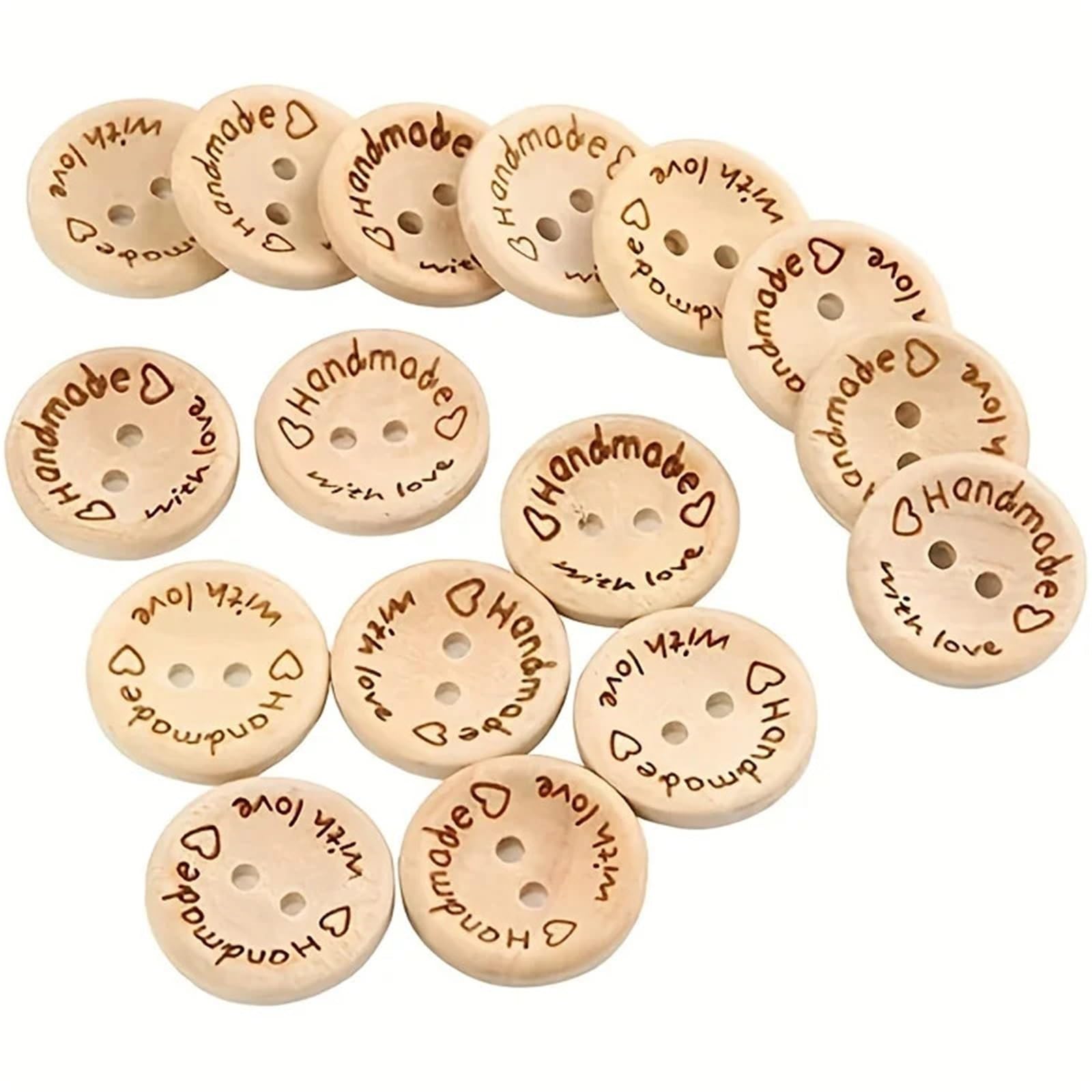 150 bonitos botones de madera con 2 agujeros para coser y accesorios de ropa (con amor, 20 mm)