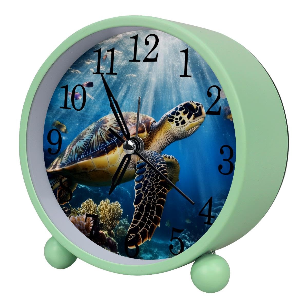 Luoweisi Alarm Clock Underwater Turtle, Silent Non-Ticking with Night Light, Round Metal Alarm Clock for Office, Battery Operated, Bedroom, Elderly, Adults, Children, Student Gifts