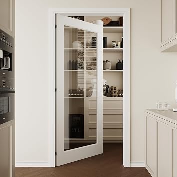 36x80 1-Panel Clear Glass Interior Slab Shaker, Pre-Assembled Panel for Barn Door, Pocket Doors, French Doors; for Pantry, Bedroom, Closet, Laundry Room & Bathroom White Paintable