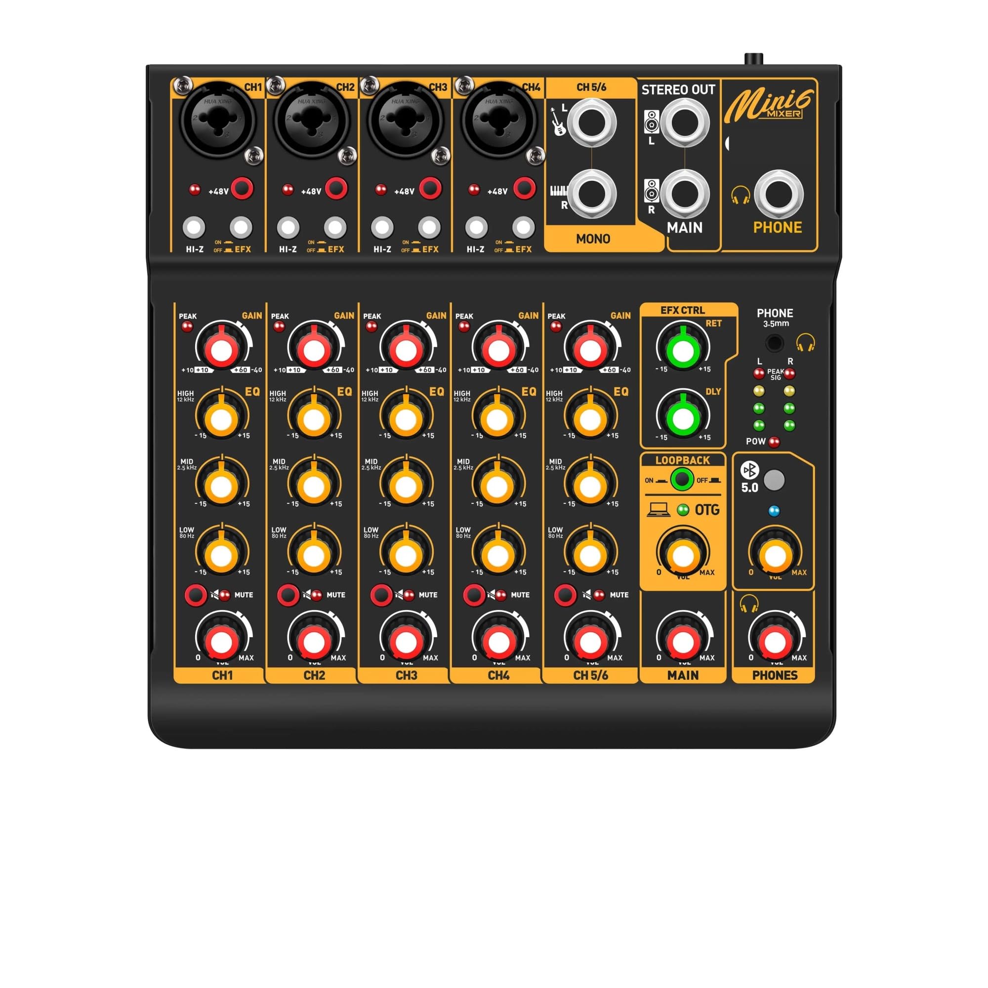 Mesa Mezclas DJ, 2 uds Mini 6 mezclador de Audio de 6 canales consola DJ con Bluetooth 5,0 OTG Reverb(Mini 6)