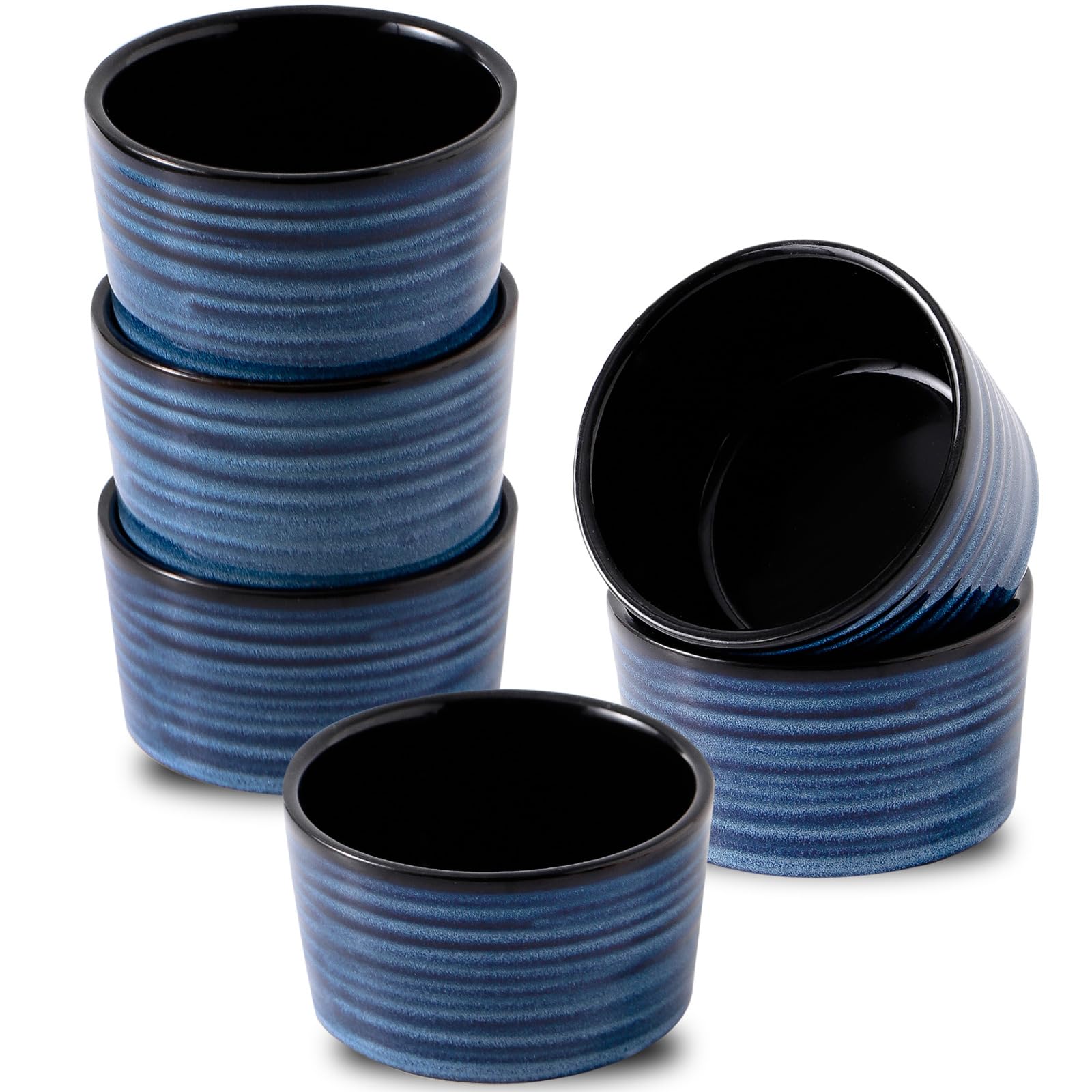Ceramic Ramekins 6 oz, Oven Safe Souffle Dish Set of 6 for Baking, Porcelain Dipping Sauce Bowls for Creme Brulee,Stackable Custard Cups for Pudding, Ice Cream, Lava Cakes, Blue
