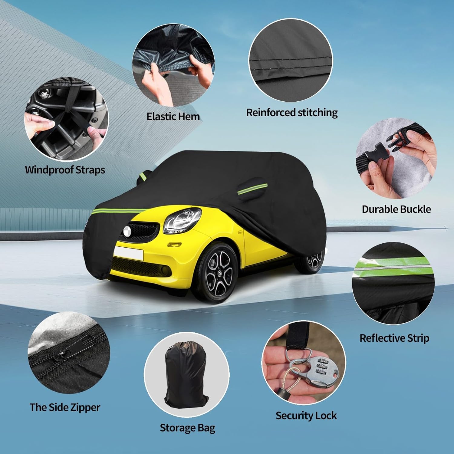 Waterproof Car Covers Fit for 2007-2023 Smart Fortwo W451/C453/A453(Black) Custom Heavy Duty Waterproof All Weather Protection Outdoor