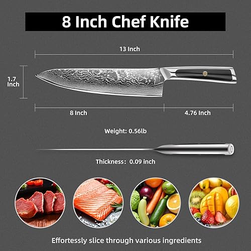 Miniatura 44 de Sunnecko Cuchillo de cocina de Damasco de 8 pulgadas para cortar carne, cuchillo japonés VG10 de acero, espiga completa