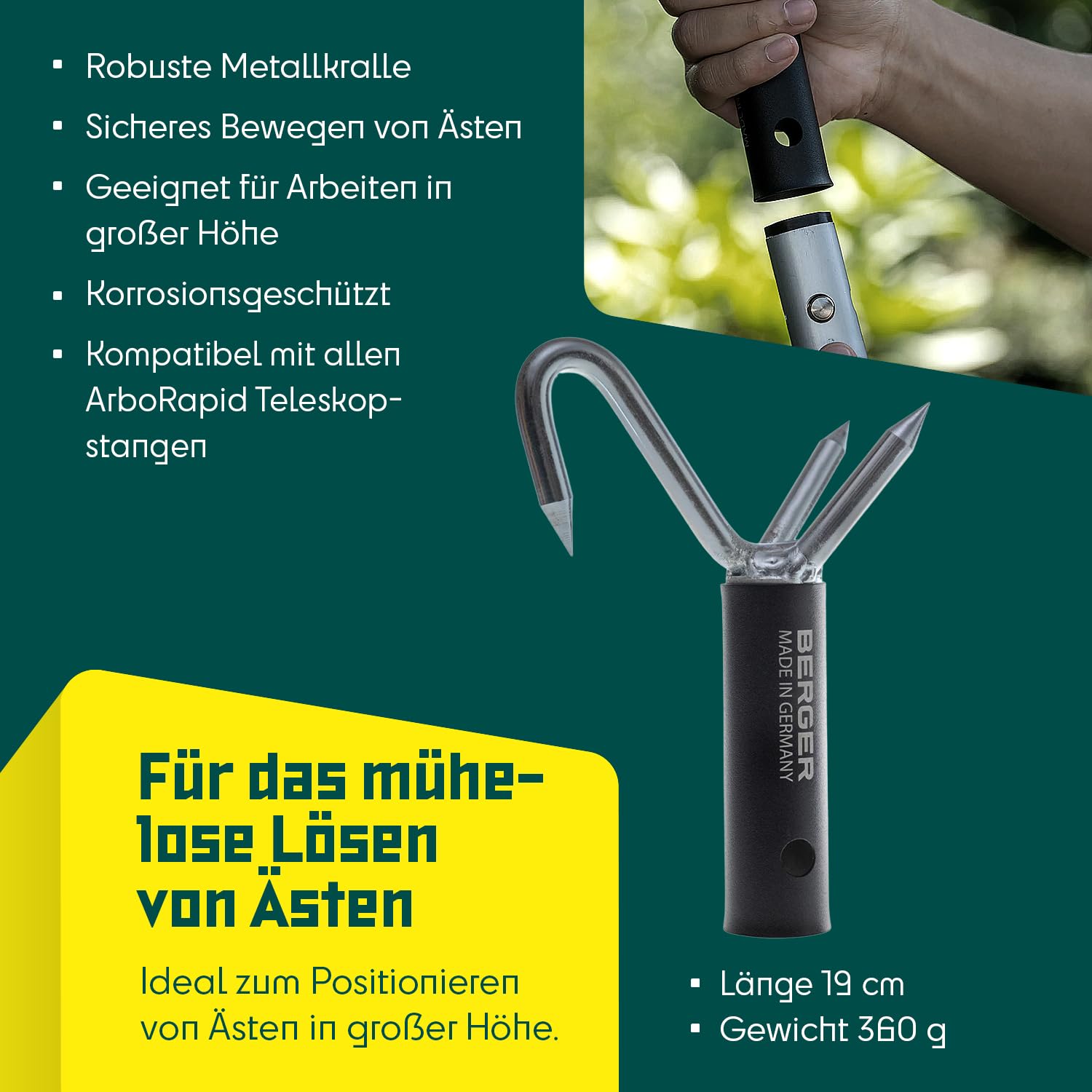 BERGER ArboRapid Schubhaken mit Anschlagkralle 5479 | Teleskopstangenaufsatz aus Metall | 19cm Haken zum Ziehen von Seilen & Holzentfernen | Gartenwerkzeug | Aufsatz für ArboRapid Teleskopstangen