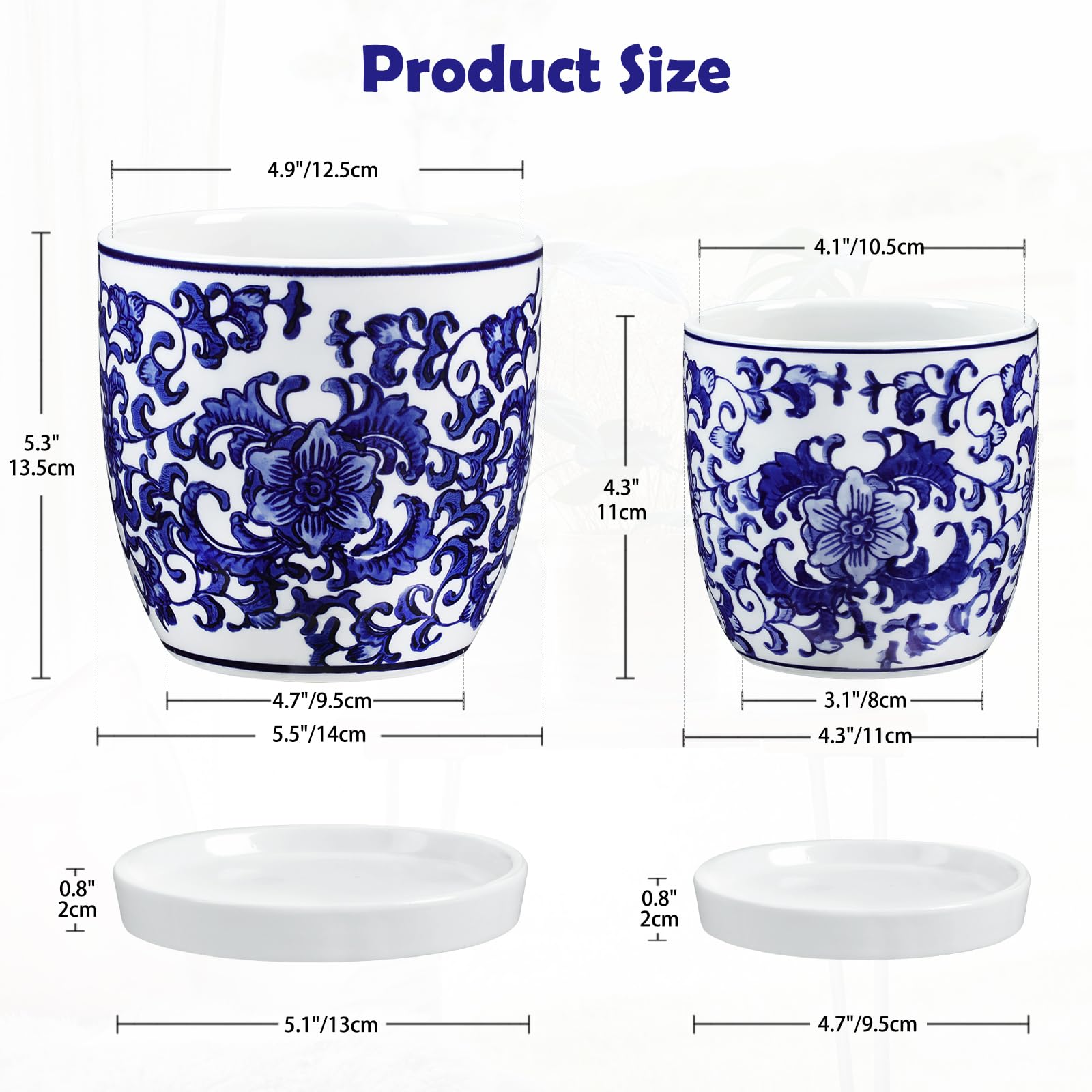 2er-Set Blau und Weiß Blumentopf Keramik Pflanztöpfe Sukkulentententöpfe mit Drainagelöchern und Untersetzern Kleiner Keramik-Pflanztopf für Sukkulenten Kaktus Indoor Outdoor Garten Fensterbank