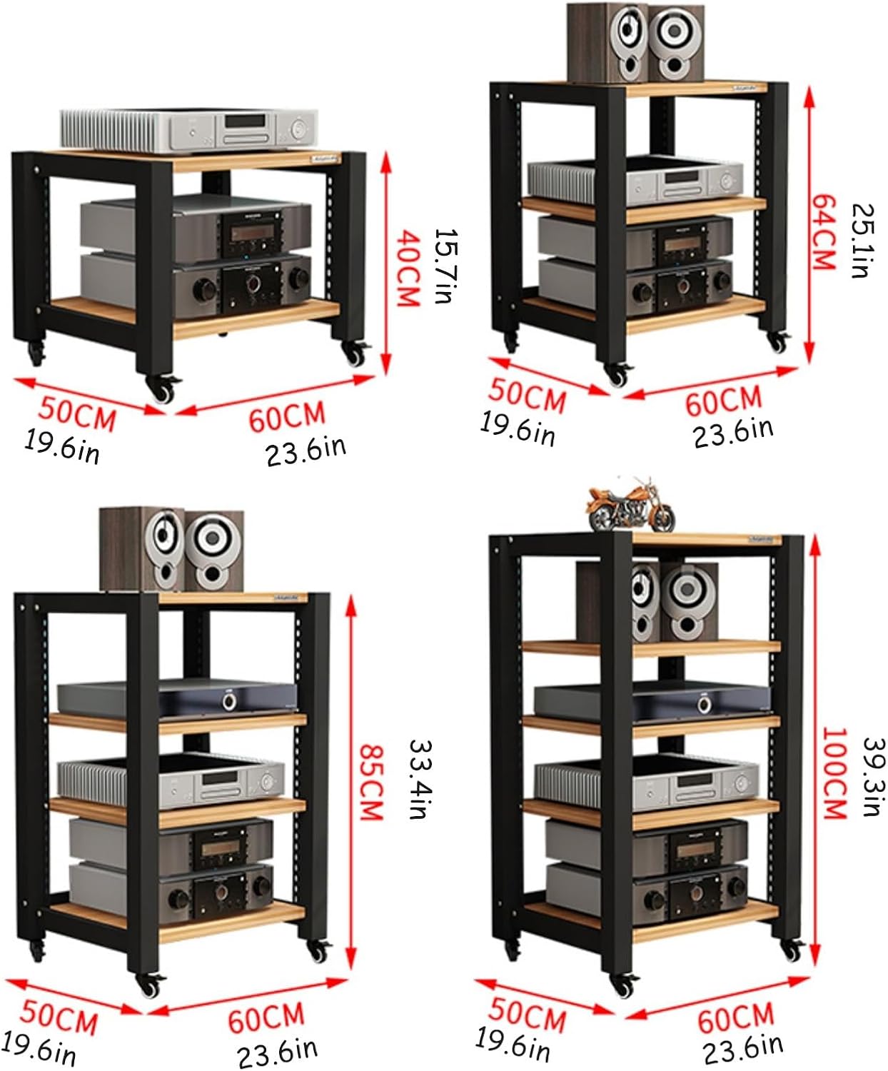 Audio Media Stand, Movable Audio Rack with Wheels, Video Media Stand with Adjustable Shelves, Open Stereo Cabinet, Carbon Steel Frame, for Home Office(Beige,2 Tier 60x50x40CM)