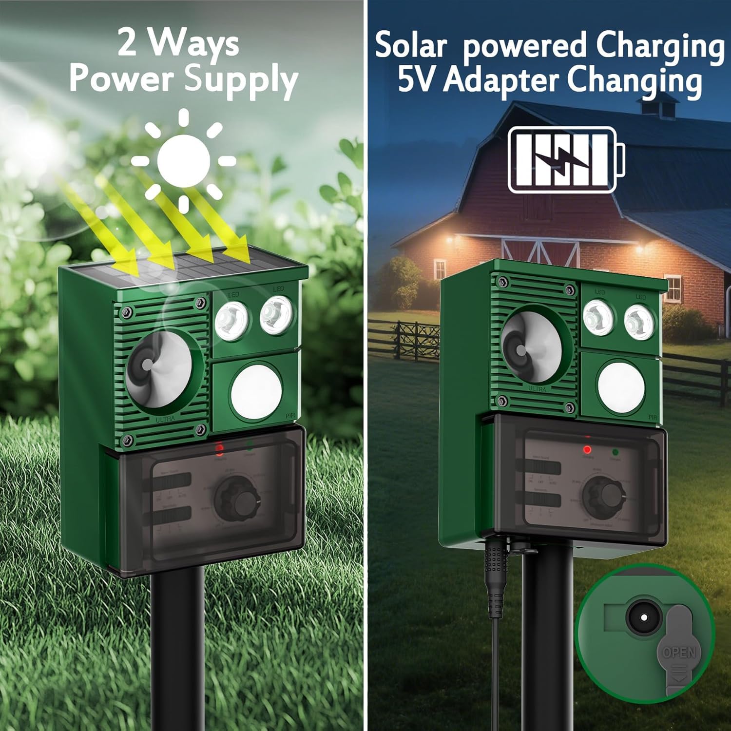 XIAXIA 2X Solar Ultrasónico Repelente para Gatos,Repelente Ultrasónico Animales Solar y USB,Ultrasónico Ahuyentador para Perros Ratones con LED Que Destella/Pare Gatos/Ratas/Perros