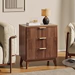 LYNCOHOME Fluted Nightstand with 3 Drawers, Modern Wood Chest of Bedside Table with Curved Profile, Fluted Dresser Organizer for Bedroom,Walnut