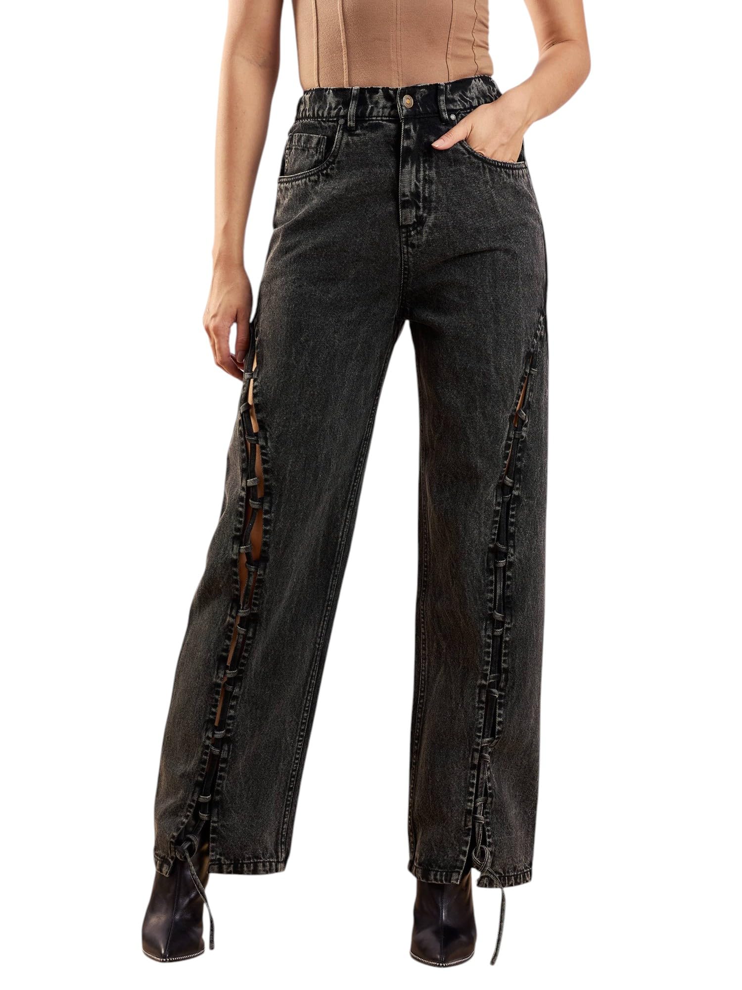 sassafras Black Washed Dori Insert Detail Straight Fit Jeans-picture-29