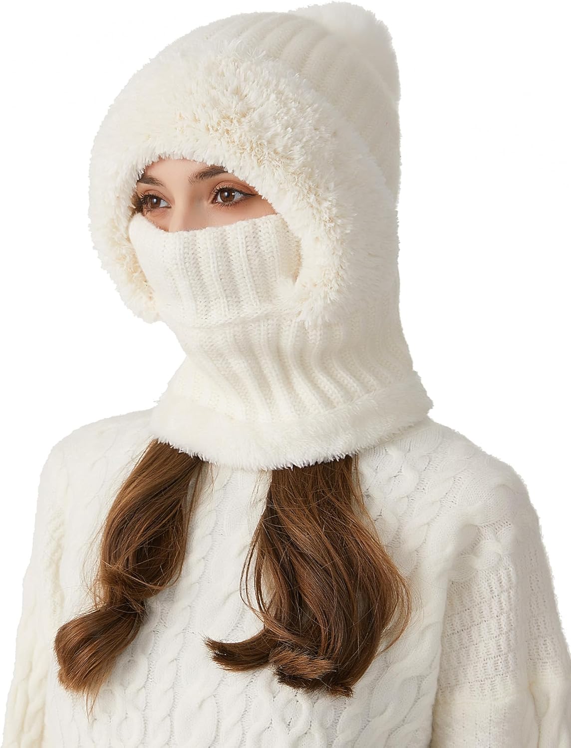 SEAUR Women's One-Piece Fleece Lined Knit Balaclava Winter Beanie Mask Neck Scarf Cap with Pompom