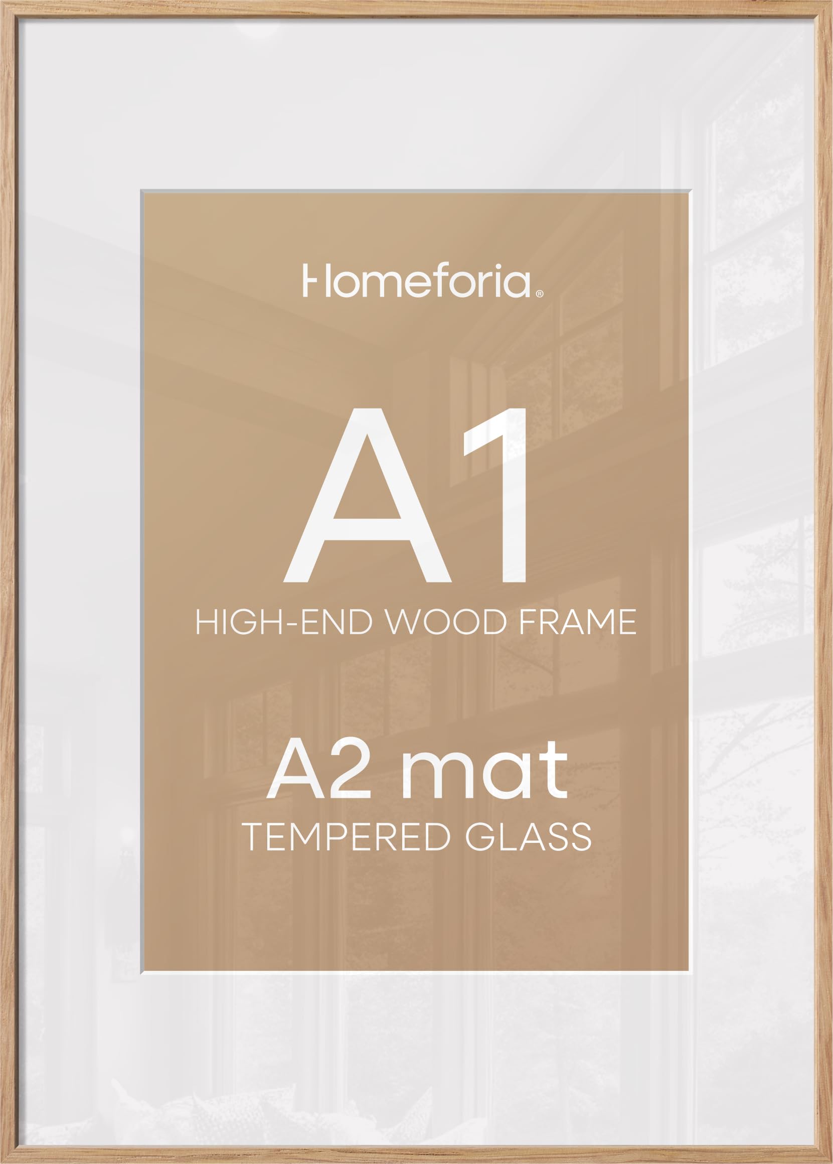 Homeforia A1 Natural Oak Poster Frame, High-End Wood, A2 Mat, Glass | High End Solid Oak Wood, Tempered Glass, Acid-Free A2 Removable Mat, A1 Edge-to-Edge Display, Wall Kit, Set Of 2