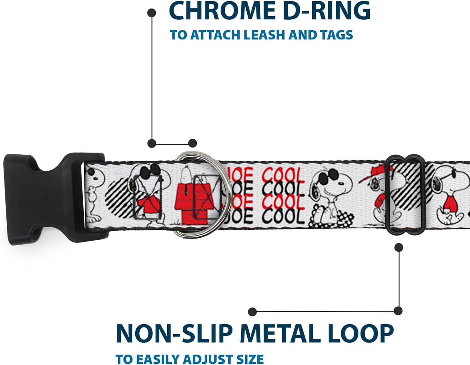 Peanuts Worldwide LLC Pet Collar, Dog Collar Plastic Buckle, Peanuts Joe Cool Snoopy Poses and Text Gray Black Red White, 16 to 23 Inches 1.5 Inch Wide