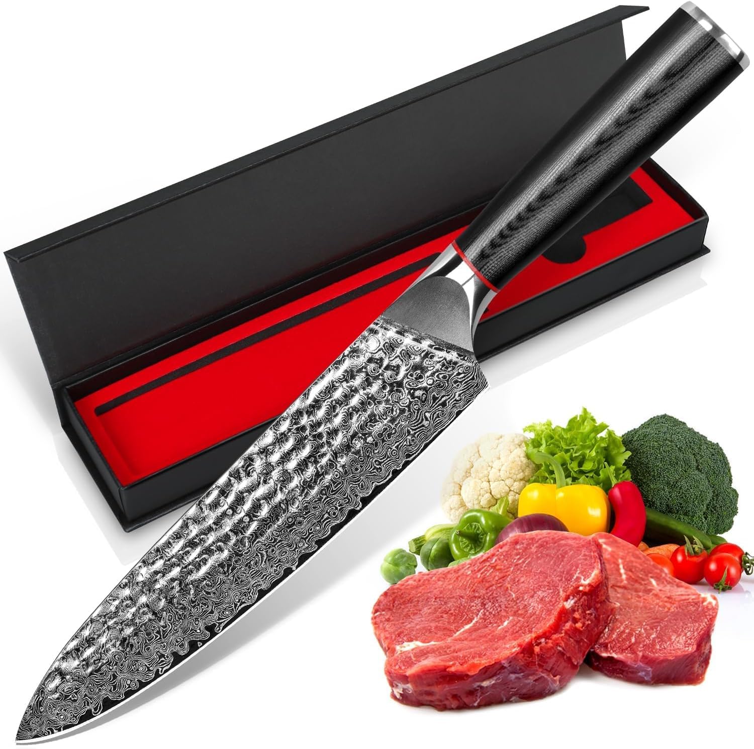 Chef Knife 8 Inch Damascus Kitchen Knife, Professional Japanese VG10 Damascus Steel Cooking Knife, Ergonomic Wood Knife Handle, Super Sharp Chef's Knives with Gift Box