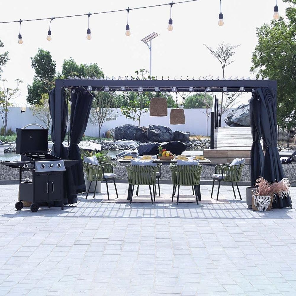 Danube HomeDarko Pegola Aluminum Frame With Aluminium Roof | Rectangle Shape With Curtain And Net | Uv Resistant Garden Patio Canopy | Modern Outdoor Furniture 3.9X2.9M - Grey