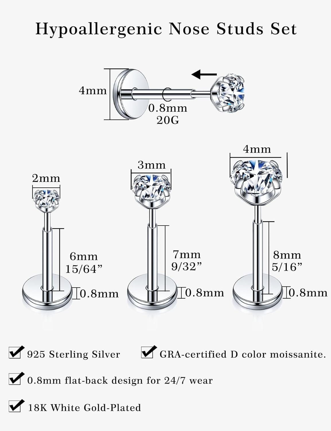 Kosuwo 3 Pairs FlatBack Moissanite Nose Studs Set for Women Men, 20G/18G/16G 925 Sterling Silver Nose Rings, Hypoallergenic Flat Back Earrings for Nose Tragus Cartilage Piercing Jewelry