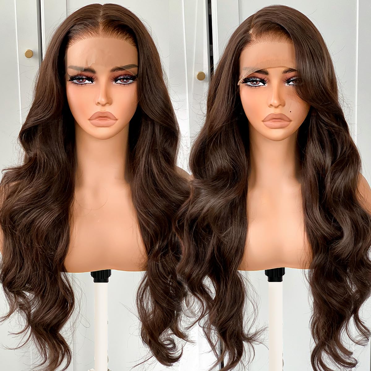 BlackSwern Dark Brown Wig HD Lace Frontal Wig 13x6 Chocolate Brown Synthetic Lace Front Wig Pre-Plucked, 26inch Body Wave Wigs 200 Density for Black Women, Pre-Plucked PLUS 1.5’’ Natural Hairline