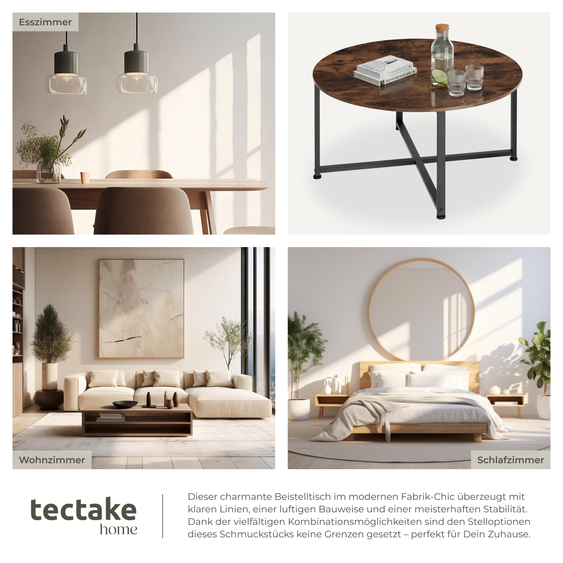 tectake® Couchtisch rund Holz und Metall, Beistelltisch rund, runder Tisch Wohnzimmer, Sofatisch, Wohnzimmertisch, Coffee Table Ø 88,5 cm, einfache Montage - Industrial Holz dunkel, rustikal
