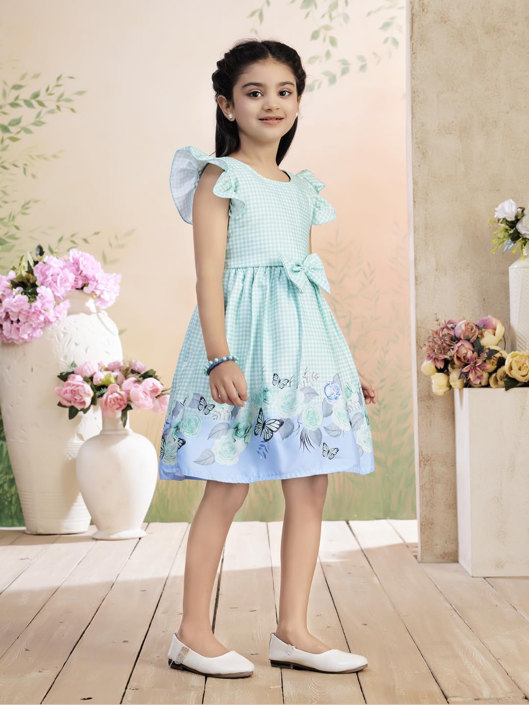 Aarika Vestido de algodón con estampado de cuadros de color verde para niñas