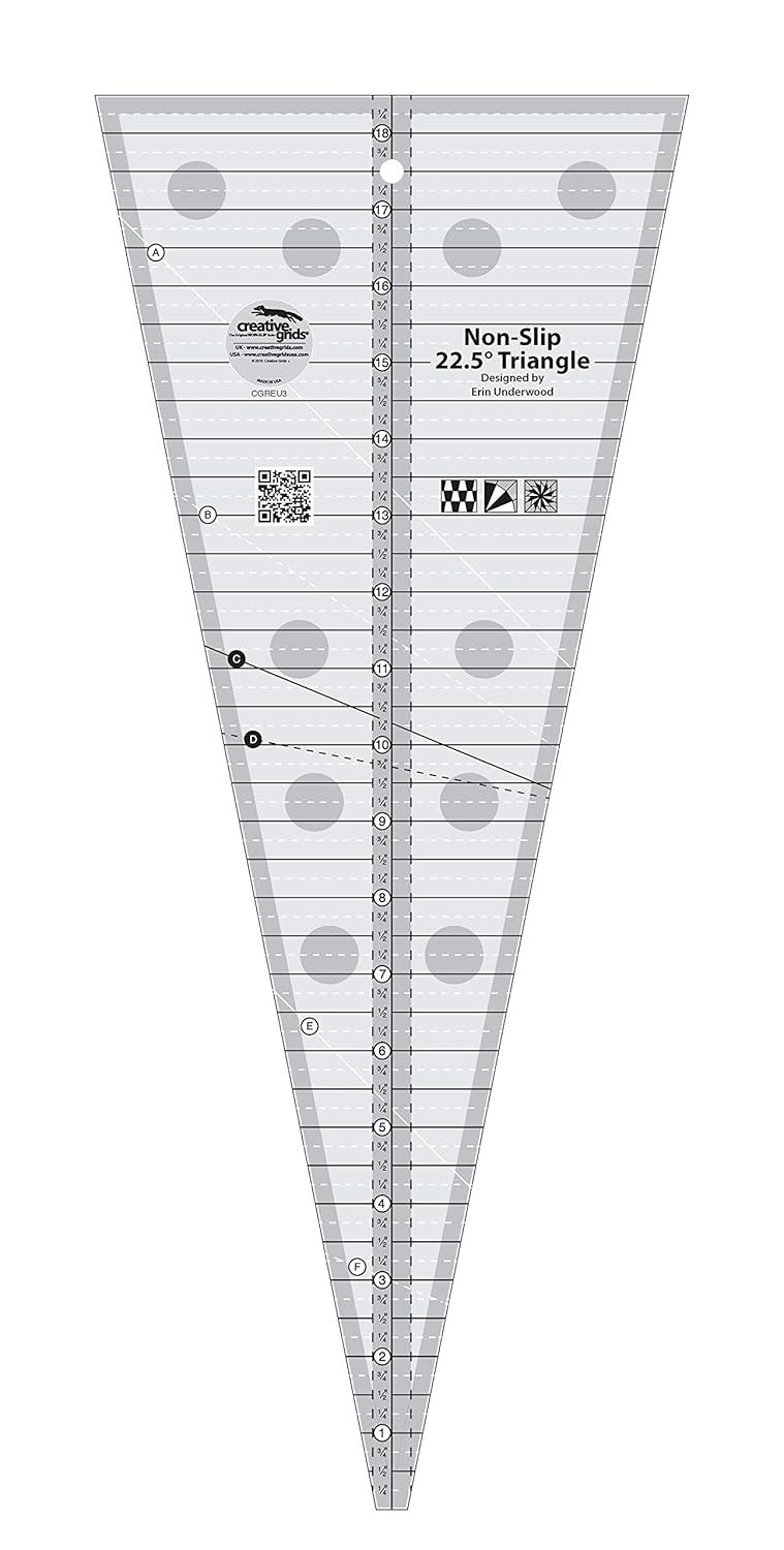 Creative Grids 22.5 Degree Triangle Quilt Ruler – CGREU3 – Made in USA, 7-3/4in x 18-1/2in, Non-Slip Grip Acrylic Quilting, Sewing, Crafting, Patchwork Ruler & Template